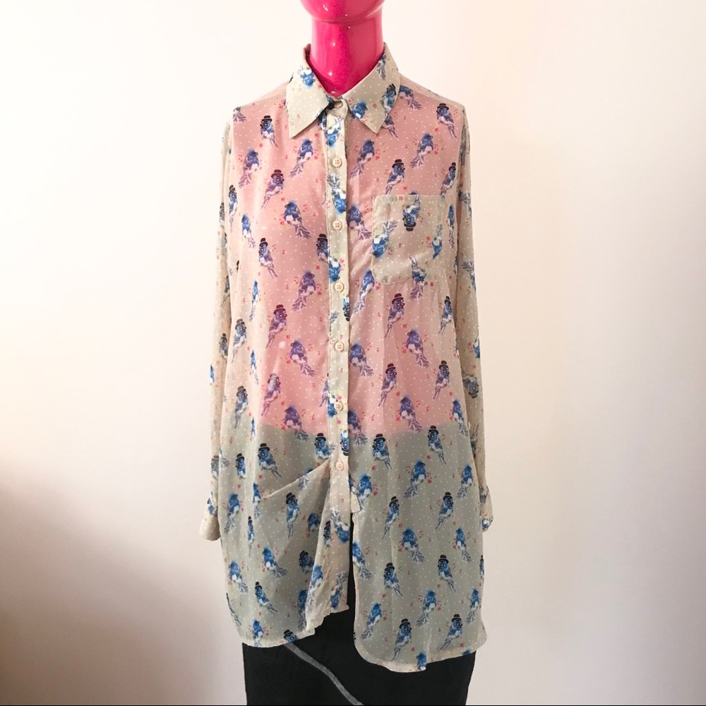 Pinkyotto Bird Pattern Asymmetrical Button Blouse - image 3